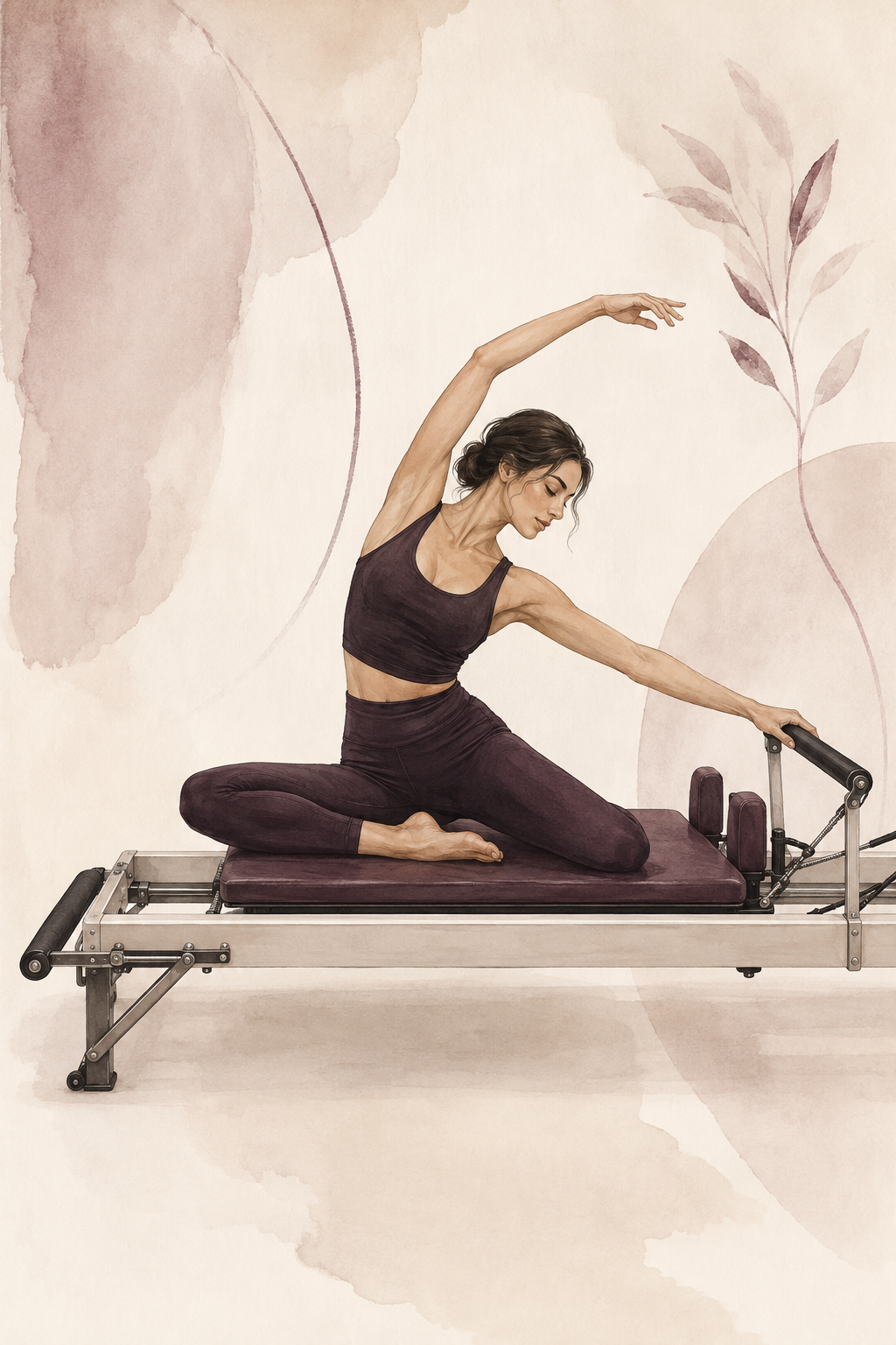 Editorial illustration of a woman performing a mermaid stretch on a Pilates reformer