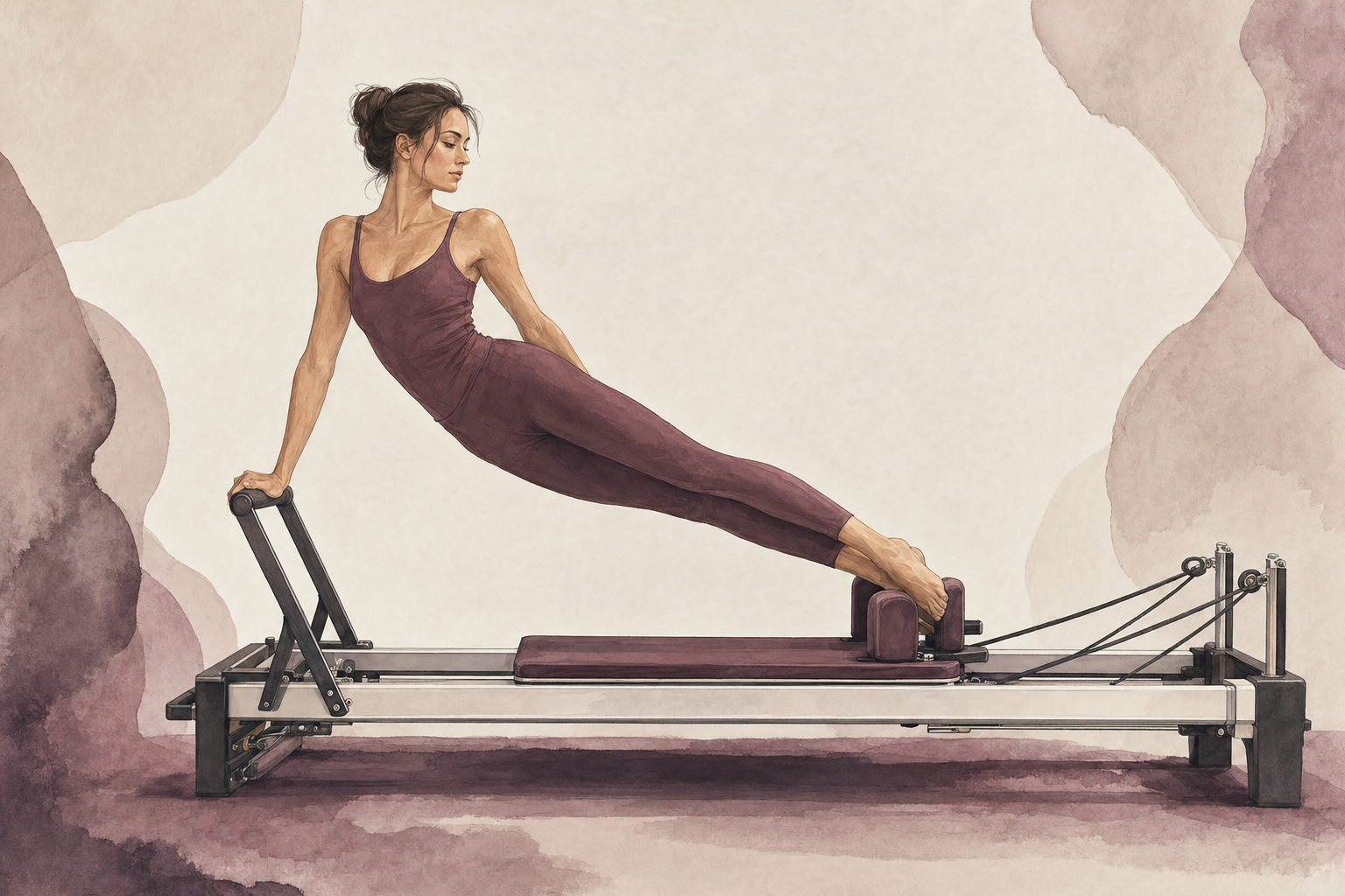 Editorial illustration of a woman performing an elevated snake inspired movement on a professional Pilates reformer